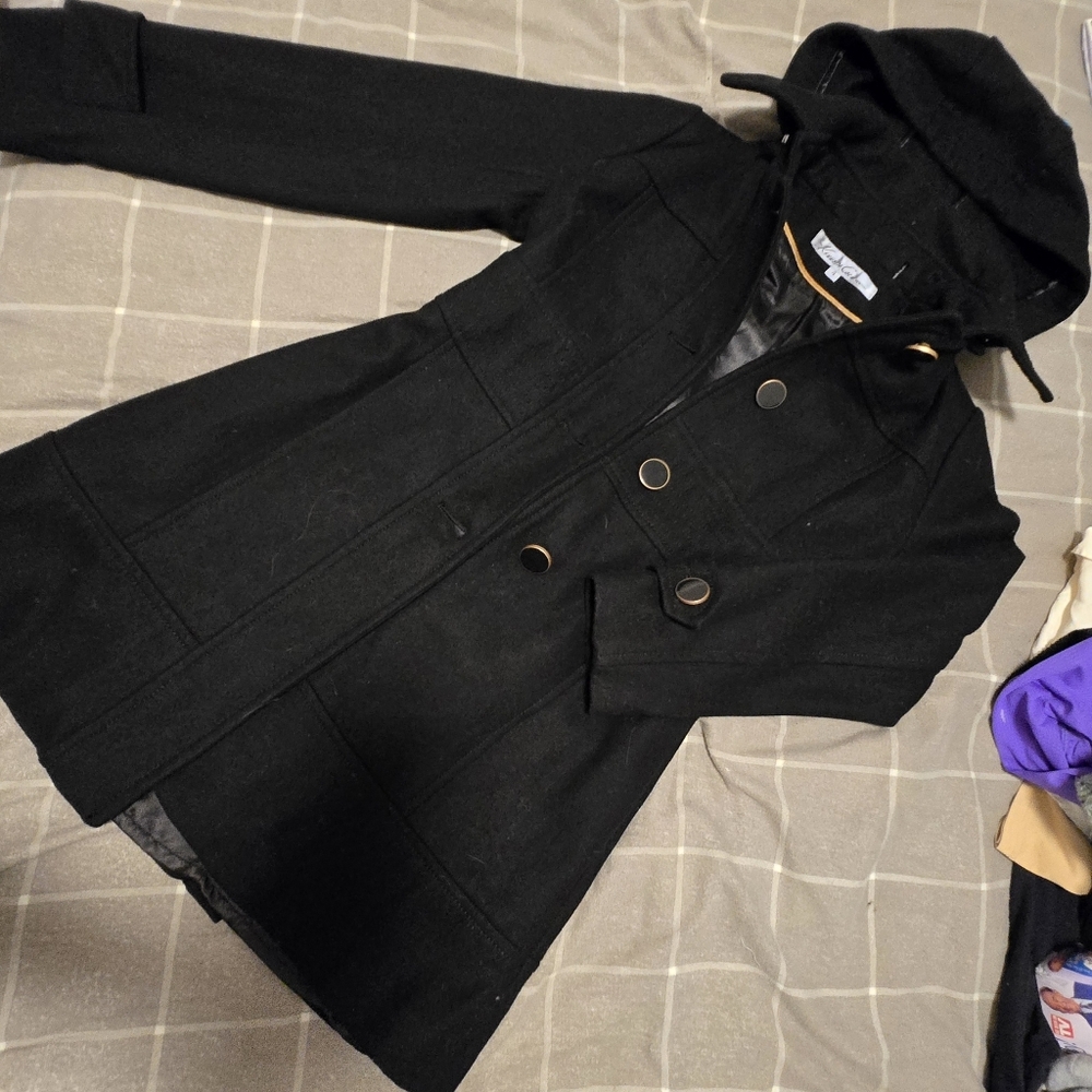 Kenneth Cole New York Black Hooded Pea Coat